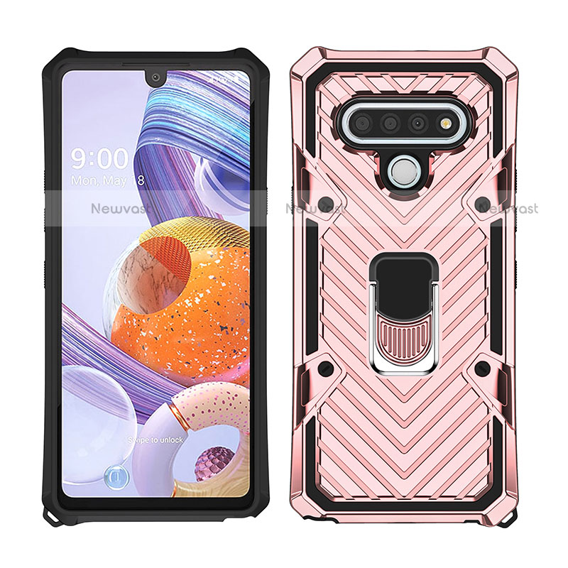 Silicone Matte Finish and Plastic Back Cover Case with Magnetic Finger Ring Stand S01 for LG Stylo 6 Rose Gold