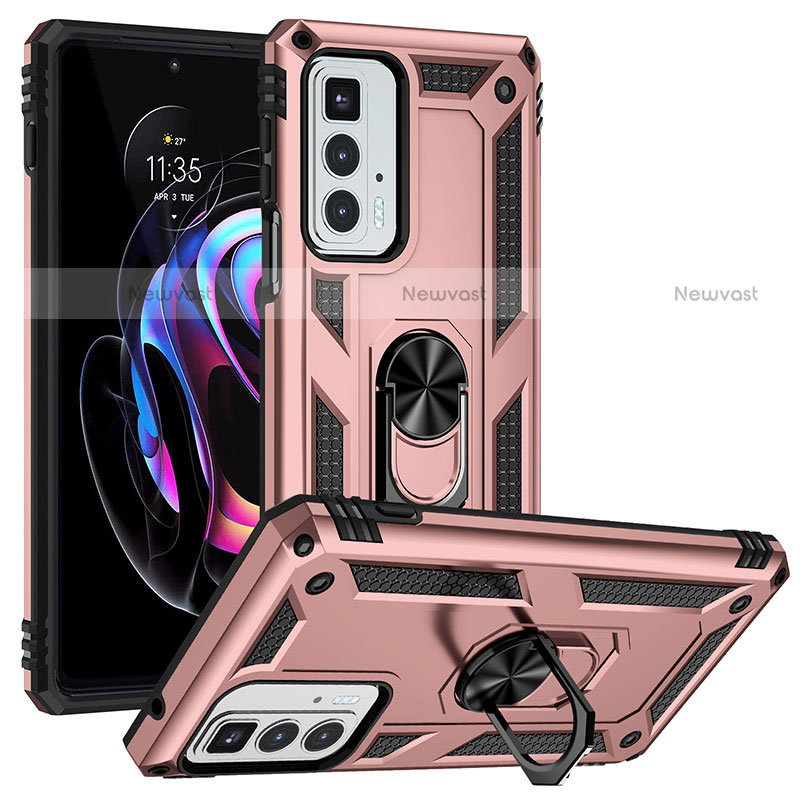 Silicone Matte Finish and Plastic Back Cover Case with Magnetic Finger Ring Stand S01 for Motorola Moto Edge 20 Pro 5G Rose Gold