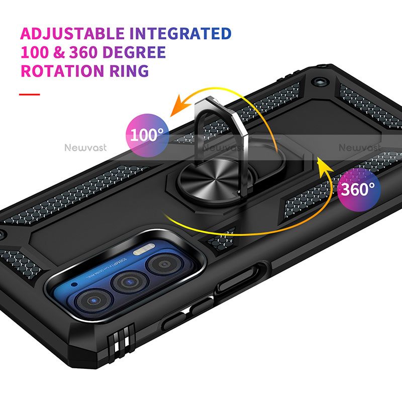 Silicone Matte Finish and Plastic Back Cover Case with Magnetic Finger Ring Stand S01 for Motorola Moto Edge (2021) 5G