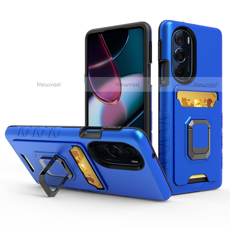 Silicone Matte Finish and Plastic Back Cover Case with Magnetic Finger Ring Stand S01 for Motorola Moto Edge 30 Pro 5G Blue