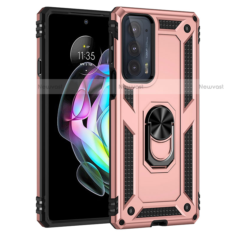Silicone Matte Finish and Plastic Back Cover Case with Magnetic Finger Ring Stand S01 for Motorola Moto Edge Lite 5G Rose Gold