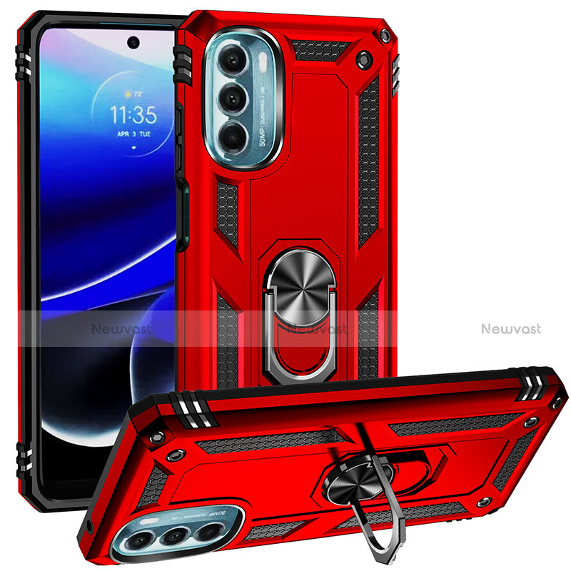 Silicone Matte Finish and Plastic Back Cover Case with Magnetic Finger Ring Stand S01 for Motorola Moto G 5G (2022) Red
