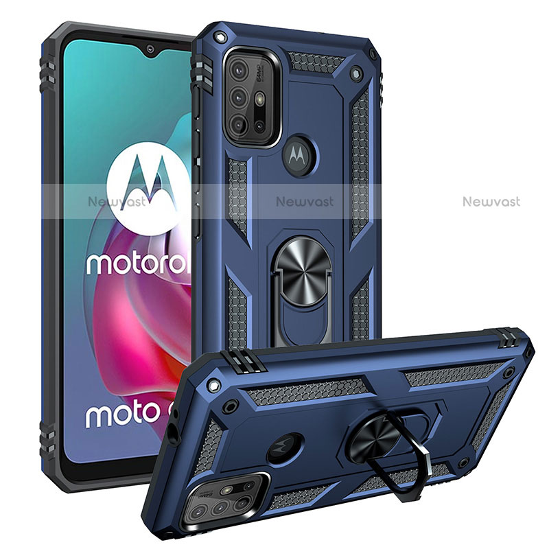Silicone Matte Finish and Plastic Back Cover Case with Magnetic Finger Ring Stand S01 for Motorola Moto G10 Power Blue