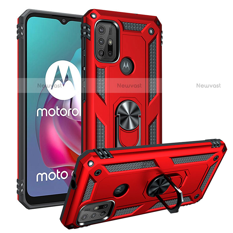 Silicone Matte Finish and Plastic Back Cover Case with Magnetic Finger Ring Stand S01 for Motorola Moto G10 Power Red