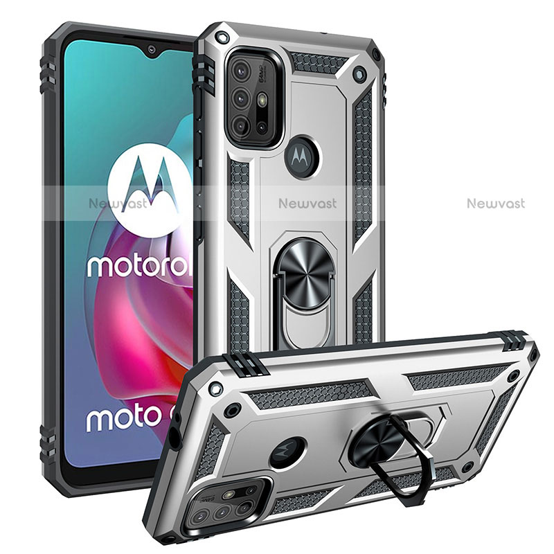 Silicone Matte Finish and Plastic Back Cover Case with Magnetic Finger Ring Stand S01 for Motorola Moto G10 Silver