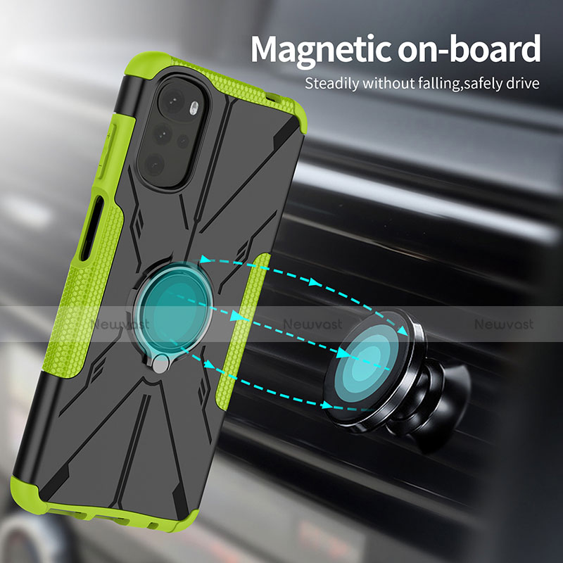 Silicone Matte Finish and Plastic Back Cover Case with Magnetic Finger Ring Stand S01 for Motorola Moto G22