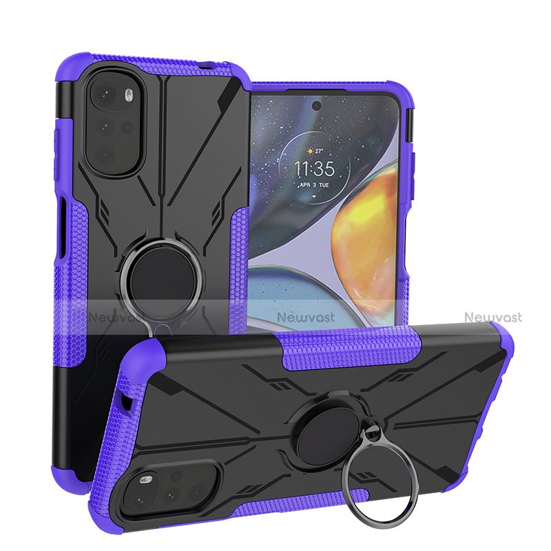 Silicone Matte Finish and Plastic Back Cover Case with Magnetic Finger Ring Stand S01 for Motorola Moto G22 Purple