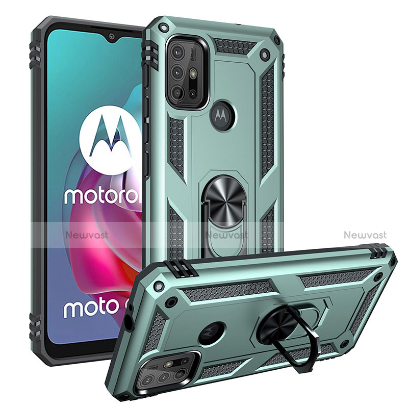 Silicone Matte Finish and Plastic Back Cover Case with Magnetic Finger Ring Stand S01 for Motorola Moto G30