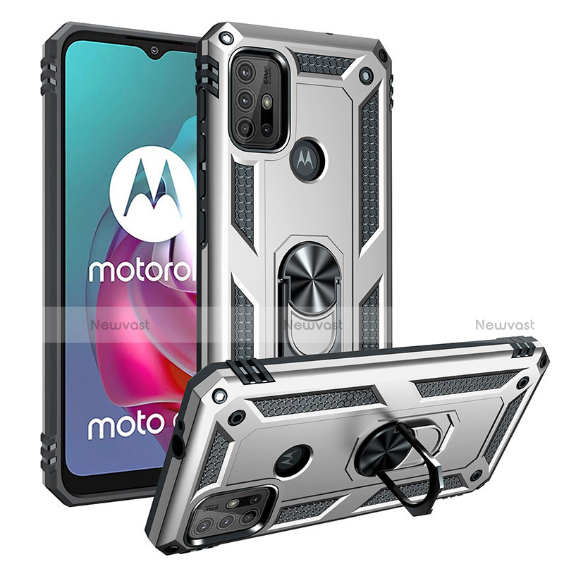 Silicone Matte Finish and Plastic Back Cover Case with Magnetic Finger Ring Stand S01 for Motorola Moto G30