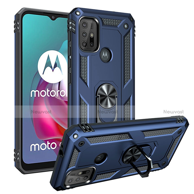 Silicone Matte Finish and Plastic Back Cover Case with Magnetic Finger Ring Stand S01 for Motorola Moto G30 Blue