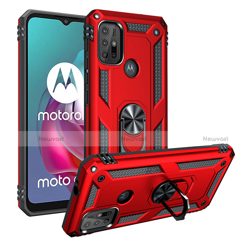 Silicone Matte Finish and Plastic Back Cover Case with Magnetic Finger Ring Stand S01 for Motorola Moto G30 Red