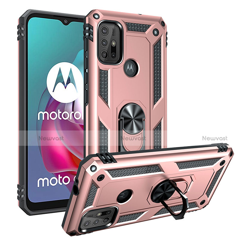 Silicone Matte Finish and Plastic Back Cover Case with Magnetic Finger Ring Stand S01 for Motorola Moto G30 Rose Gold
