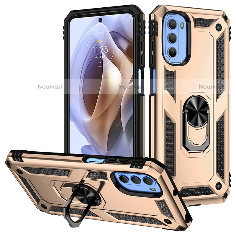 Silicone Matte Finish and Plastic Back Cover Case with Magnetic Finger Ring Stand S01 for Motorola Moto G31 Gold