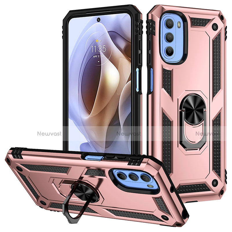 Silicone Matte Finish and Plastic Back Cover Case with Magnetic Finger Ring Stand S01 for Motorola Moto G41 Rose Gold