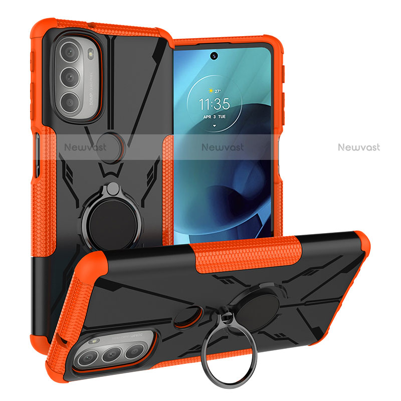 Silicone Matte Finish and Plastic Back Cover Case with Magnetic Finger Ring Stand S01 for Motorola Moto G51 5G Orange