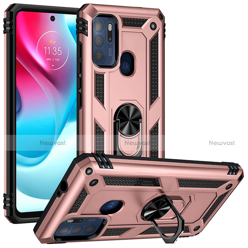 Silicone Matte Finish and Plastic Back Cover Case with Magnetic Finger Ring Stand S01 for Motorola Moto G60s Rose Gold