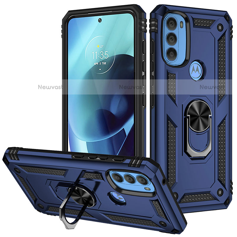 Silicone Matte Finish and Plastic Back Cover Case with Magnetic Finger Ring Stand S01 for Motorola Moto G71 5G