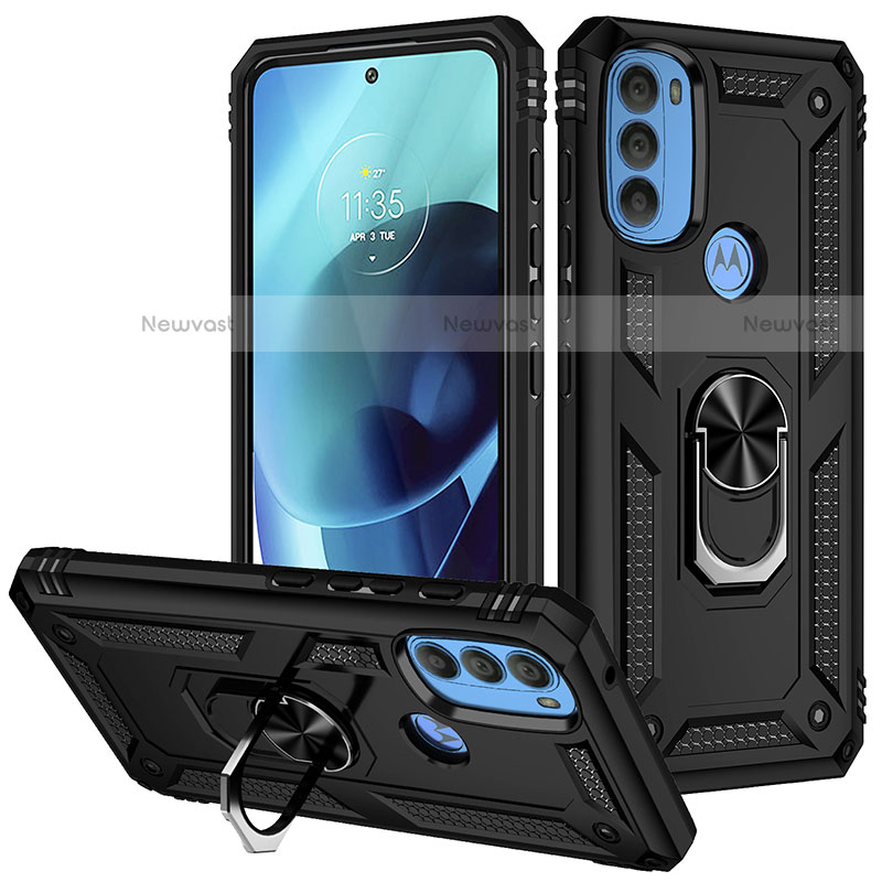 Silicone Matte Finish and Plastic Back Cover Case with Magnetic Finger Ring Stand S01 for Motorola Moto G71 5G