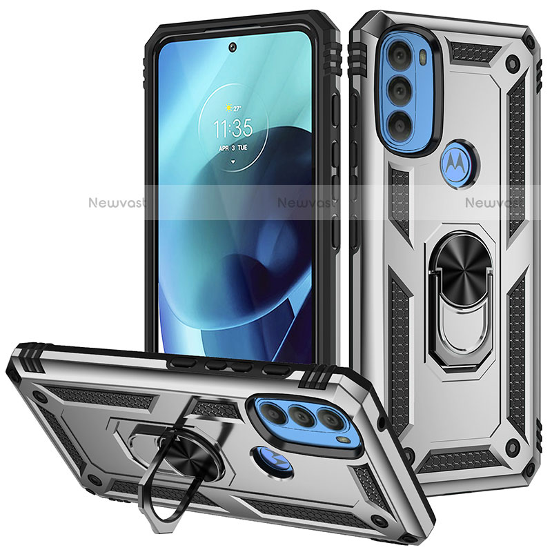 Silicone Matte Finish and Plastic Back Cover Case with Magnetic Finger Ring Stand S01 for Motorola Moto G71 5G