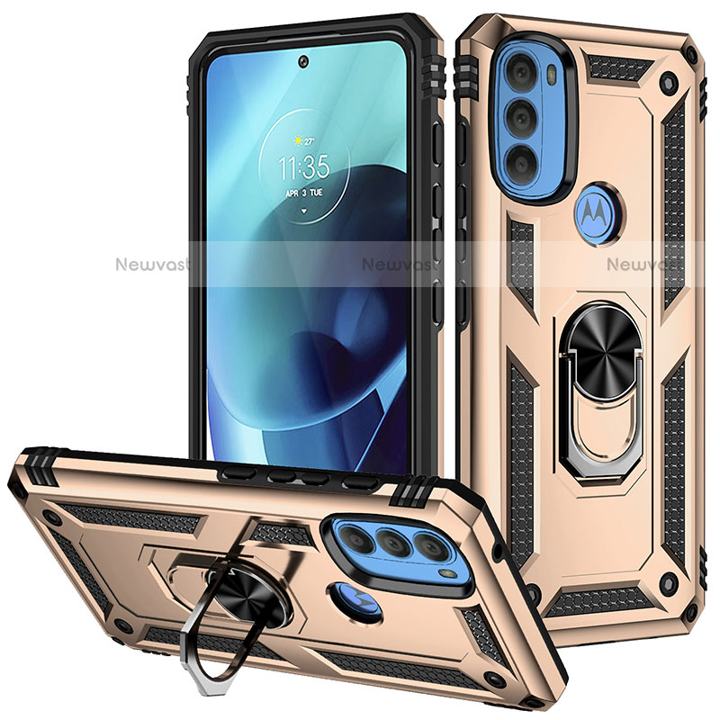 Silicone Matte Finish and Plastic Back Cover Case with Magnetic Finger Ring Stand S01 for Motorola Moto G71 5G Gold