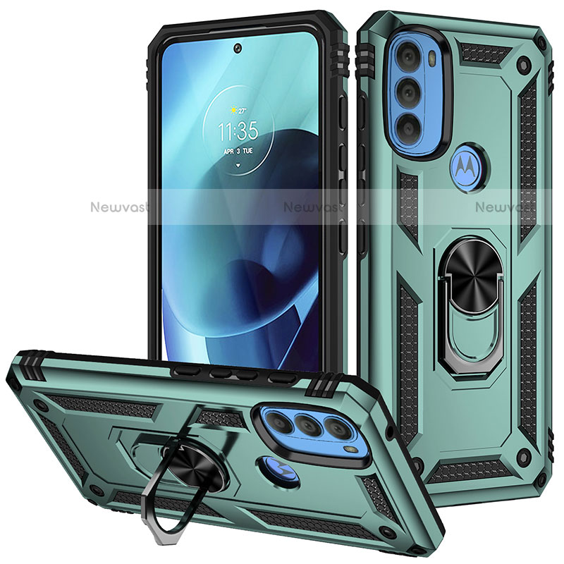 Silicone Matte Finish and Plastic Back Cover Case with Magnetic Finger Ring Stand S01 for Motorola Moto G71 5G Green