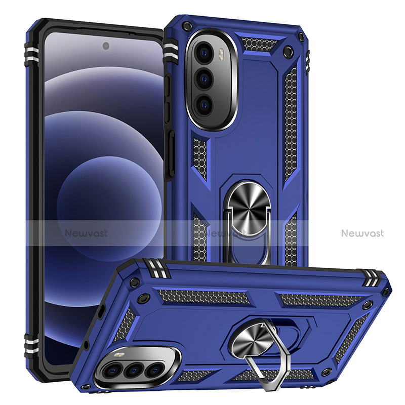 Silicone Matte Finish and Plastic Back Cover Case with Magnetic Finger Ring Stand S01 for Motorola Moto G82 5G