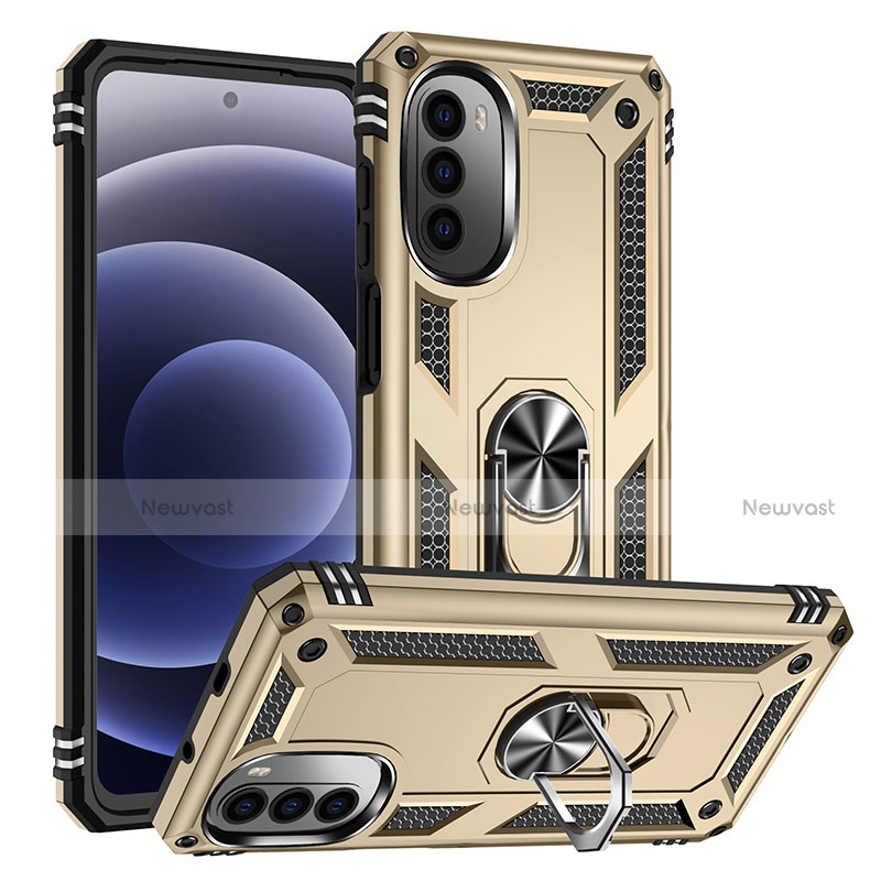 Silicone Matte Finish and Plastic Back Cover Case with Magnetic Finger Ring Stand S01 for Motorola Moto G82 5G Gold