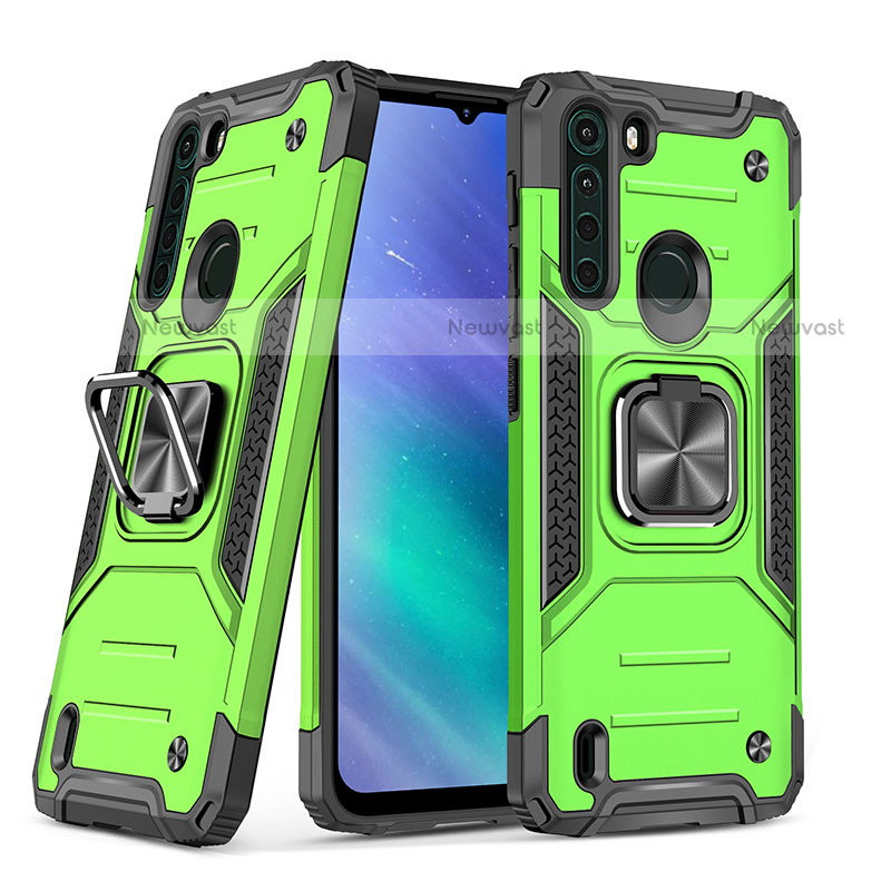 Silicone Matte Finish and Plastic Back Cover Case with Magnetic Finger Ring Stand S01 for Motorola Moto One Fusion Matcha Green