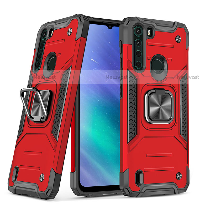 Silicone Matte Finish and Plastic Back Cover Case with Magnetic Finger Ring Stand S01 for Motorola Moto One Fusion Red