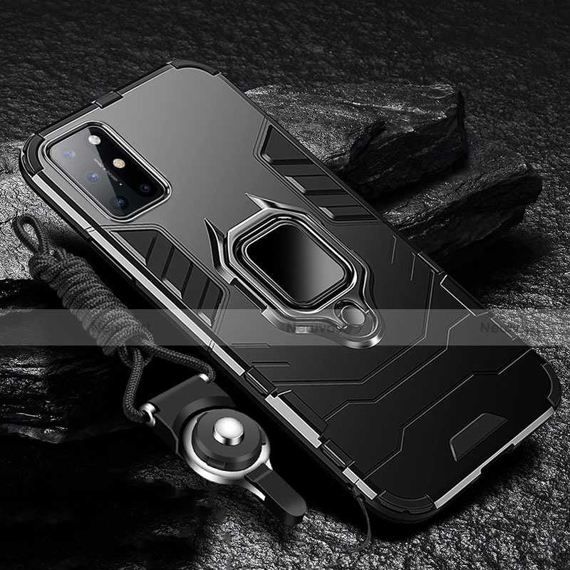 Silicone Matte Finish and Plastic Back Cover Case with Magnetic Finger Ring Stand S01 for OnePlus 8T 5G Black