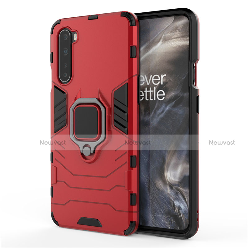 Silicone Matte Finish and Plastic Back Cover Case with Magnetic Finger Ring Stand S01 for OnePlus Nord Red