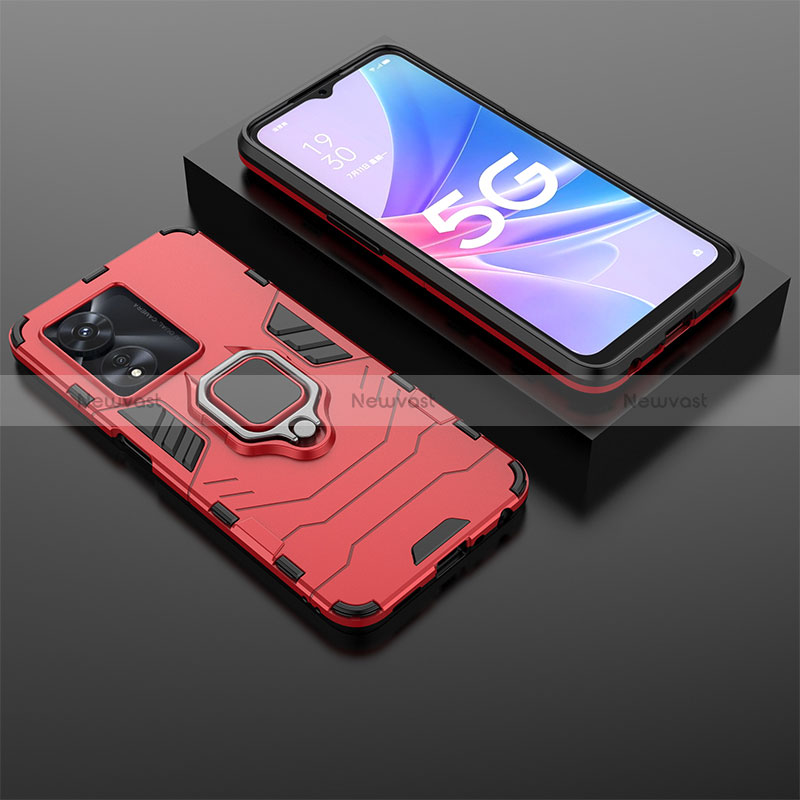 Silicone Matte Finish and Plastic Back Cover Case with Magnetic Finger Ring Stand S01 for Oppo A58x 5G Red