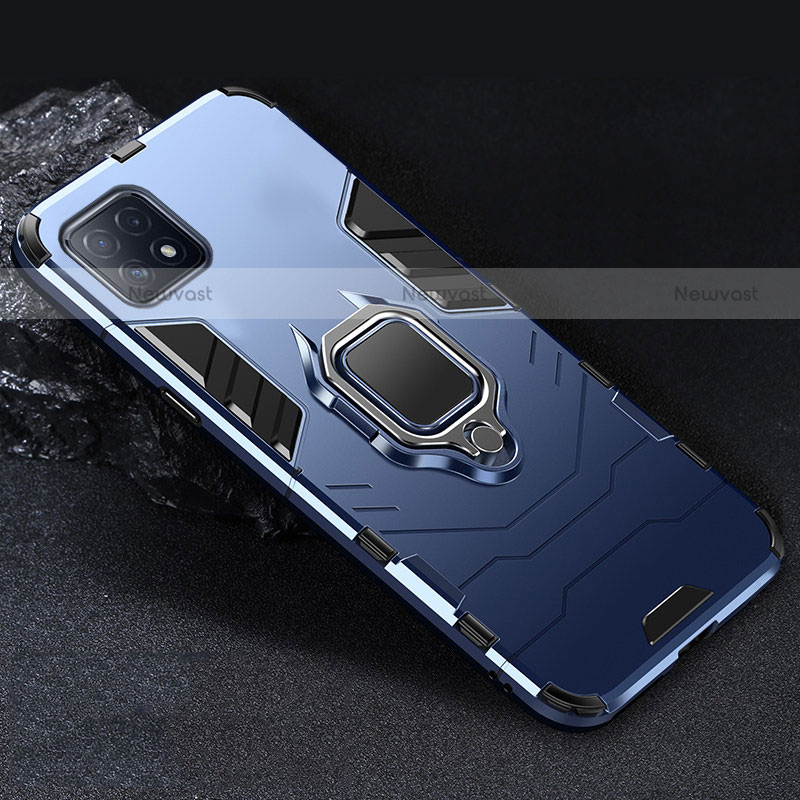 Silicone Matte Finish and Plastic Back Cover Case with Magnetic Finger Ring Stand S01 for Oppo A73 5G Blue