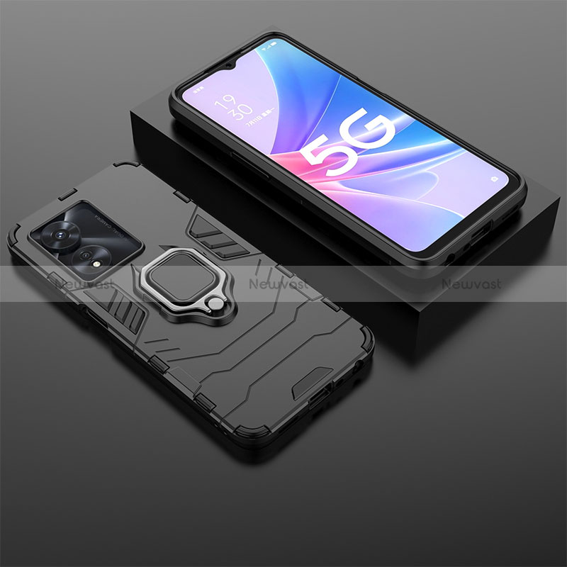 Silicone Matte Finish and Plastic Back Cover Case with Magnetic Finger Ring Stand S01 for Oppo A78 5G
