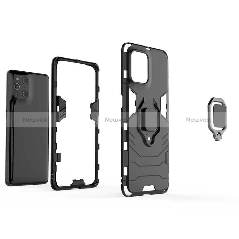 Silicone Matte Finish and Plastic Back Cover Case with Magnetic Finger Ring Stand S01 for Oppo Find X3 5G