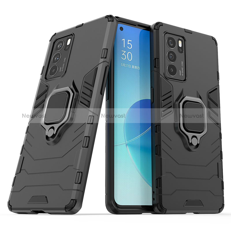 Silicone Matte Finish and Plastic Back Cover Case with Magnetic Finger Ring Stand S01 for Oppo Reno6 Pro 5G India Black