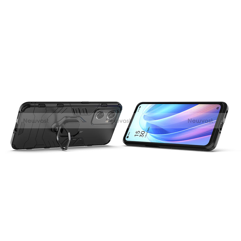 Silicone Matte Finish and Plastic Back Cover Case with Magnetic Finger Ring Stand S01 for Oppo Reno7 SE 5G