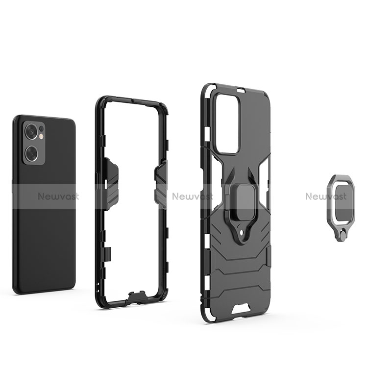 Silicone Matte Finish and Plastic Back Cover Case with Magnetic Finger Ring Stand S01 for Oppo Reno7 SE 5G