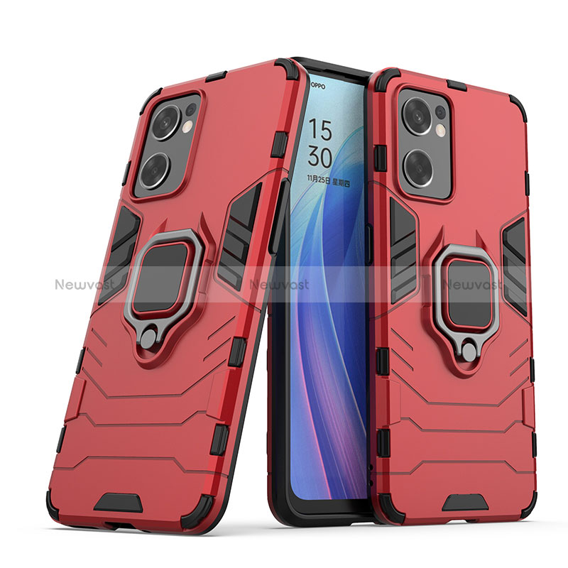 Silicone Matte Finish and Plastic Back Cover Case with Magnetic Finger Ring Stand S01 for Oppo Reno7 SE 5G Red