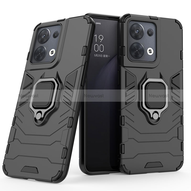 Silicone Matte Finish and Plastic Back Cover Case with Magnetic Finger Ring Stand S01 for Oppo Reno8 5G Black