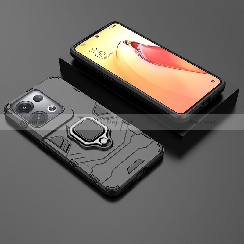 Silicone Matte Finish and Plastic Back Cover Case with Magnetic Finger Ring Stand S01 for Oppo Reno8 Pro 5G Black