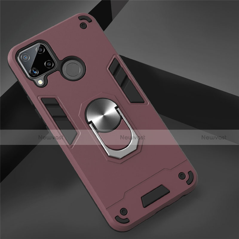 Silicone Matte Finish and Plastic Back Cover Case with Magnetic Finger Ring Stand S01 for Realme C15