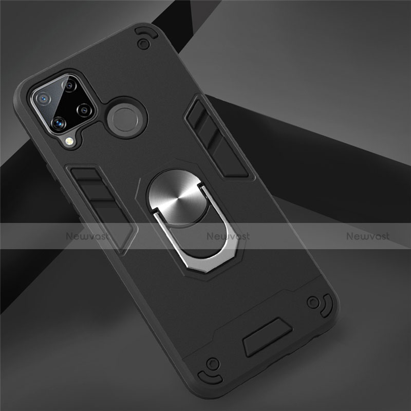 Silicone Matte Finish and Plastic Back Cover Case with Magnetic Finger Ring Stand S01 for Realme C15