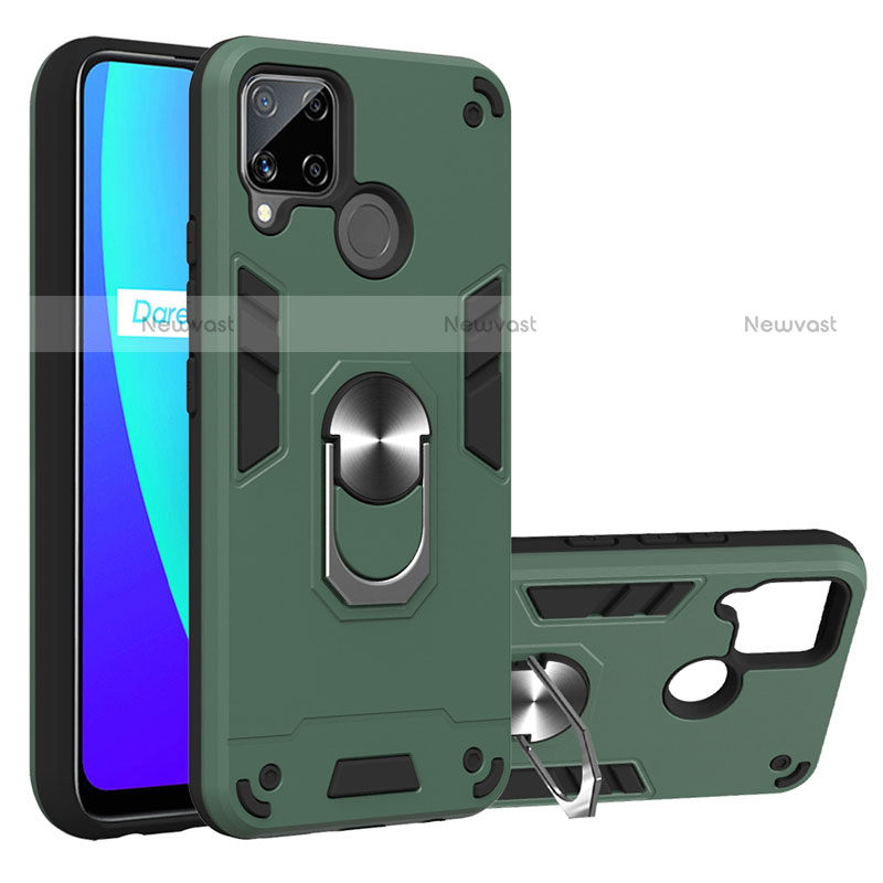 Silicone Matte Finish and Plastic Back Cover Case with Magnetic Finger Ring Stand S01 for Realme C15 Midnight Green