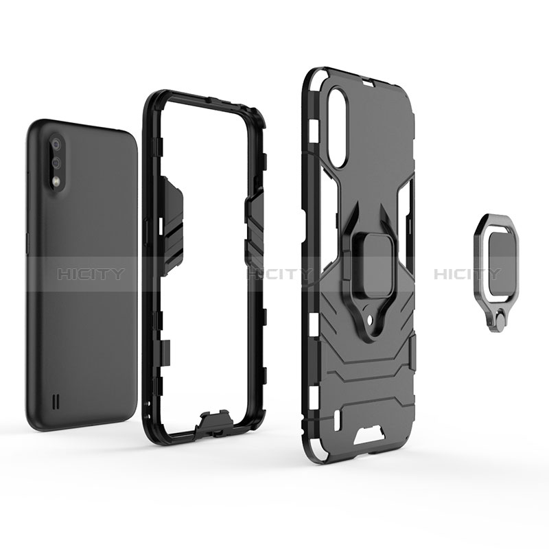 Silicone Matte Finish and Plastic Back Cover Case with Magnetic Finger Ring Stand S01 for Samsung Galaxy A01 SM-A015