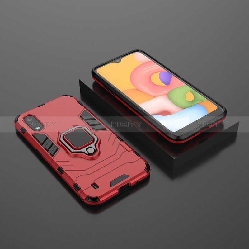 Silicone Matte Finish and Plastic Back Cover Case with Magnetic Finger Ring Stand S01 for Samsung Galaxy A01 SM-A015 Red