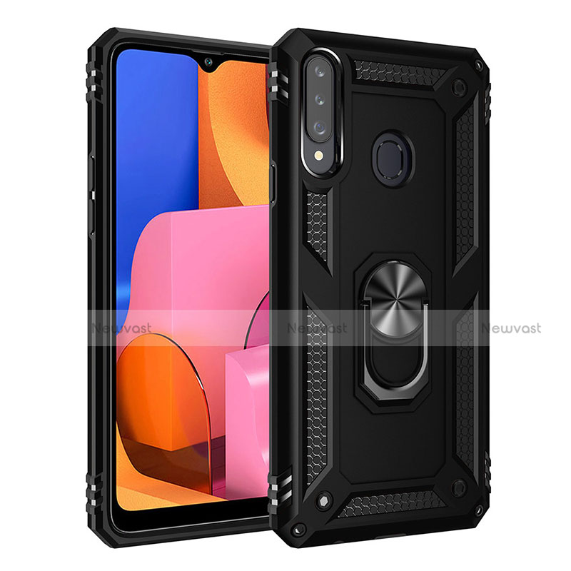 Silicone Matte Finish and Plastic Back Cover Case with Magnetic Finger Ring Stand S01 for Samsung Galaxy A20s Black