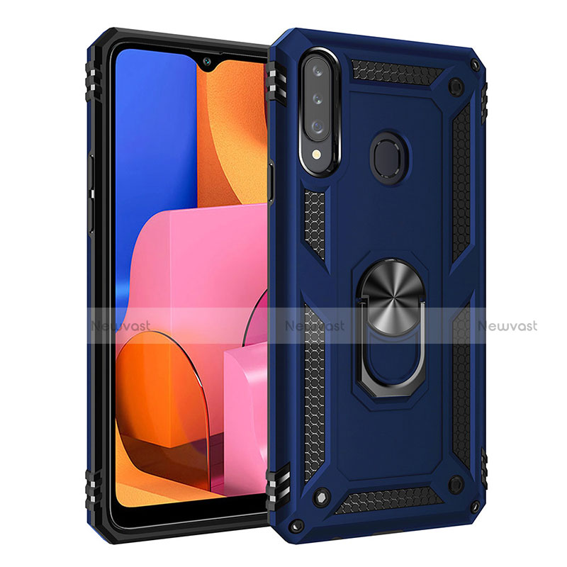 Silicone Matte Finish and Plastic Back Cover Case with Magnetic Finger Ring Stand S01 for Samsung Galaxy A20s Blue