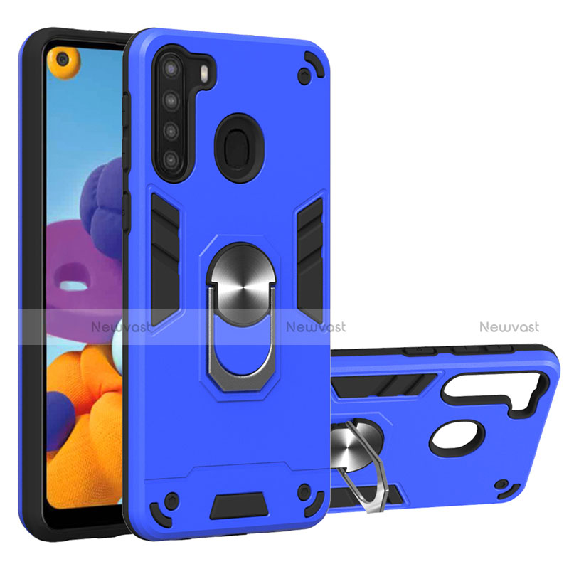 Silicone Matte Finish and Plastic Back Cover Case with Magnetic Finger Ring Stand S01 for Samsung Galaxy A21