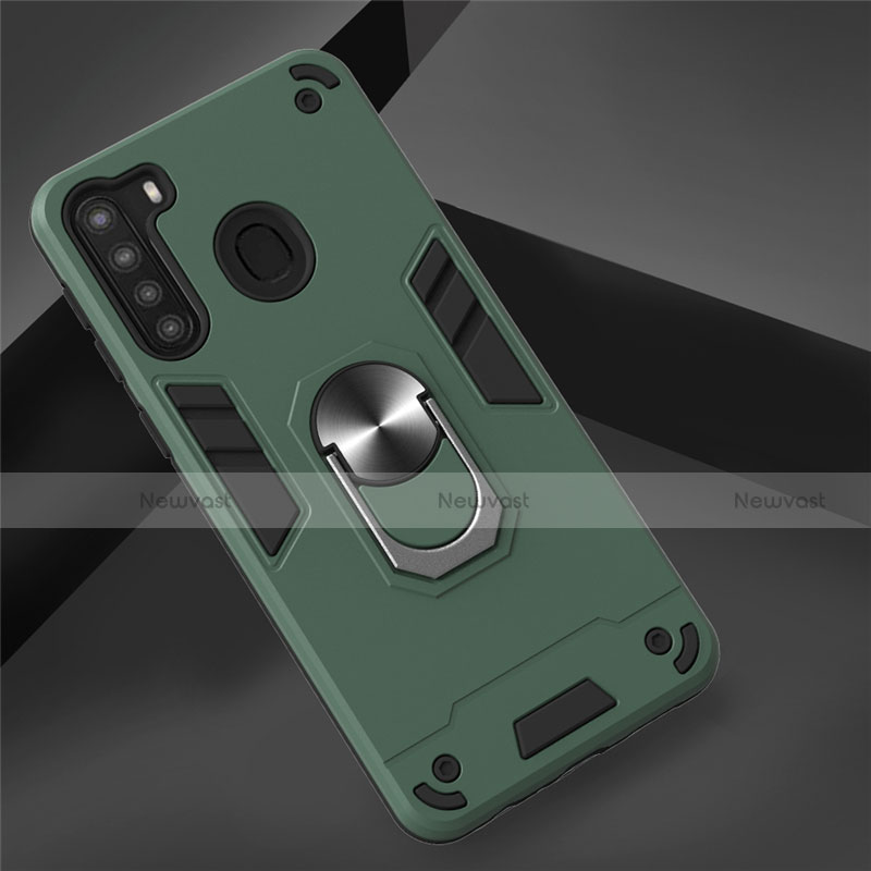 Silicone Matte Finish and Plastic Back Cover Case with Magnetic Finger Ring Stand S01 for Samsung Galaxy A21 Green